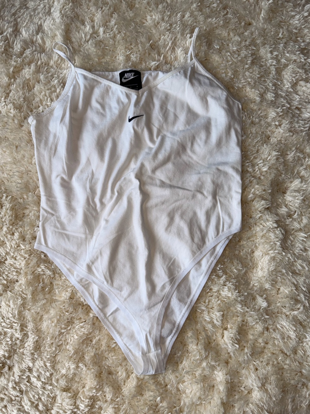Nike White Spaghetti Strap Bodysuit with Black Swoosh